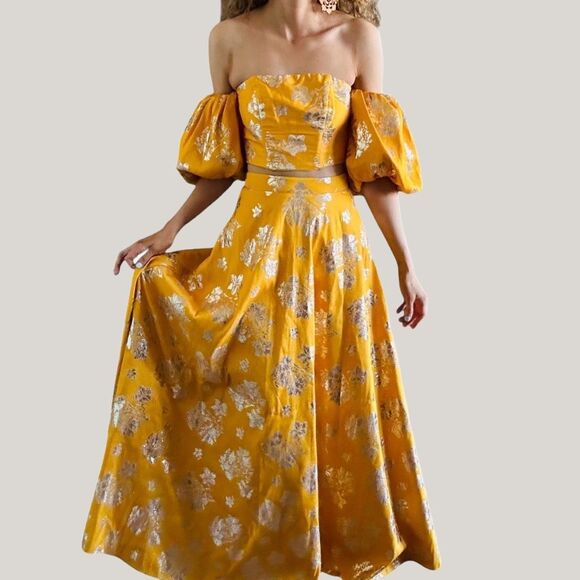 ASOS DESIGN floral jacquard lehenga top & skirt set apricot gold yellow - Picture 5 of 11